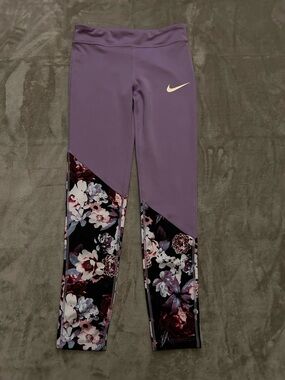 Nike Dry-Fit Purple Floral-Panel Womens Leggings Large Tight Fit